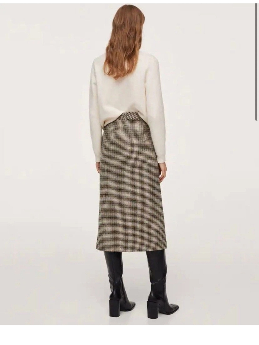 Mango MNG High-Waist Wool Blend Houndstooth Midi Skirt with Front Slit - 8 - Picture 2 of 5